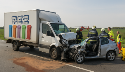 Fest&eacute;ket &eacute;s PEZ cukrot sz&aacute;ll&iacute;t&oacute; kisteheraut&oacute; &eacute;s szem&eacute;lyaut&oacute; &uuml;tk&ouml;z&ouml;tt a 86-os fő&uacute;ton